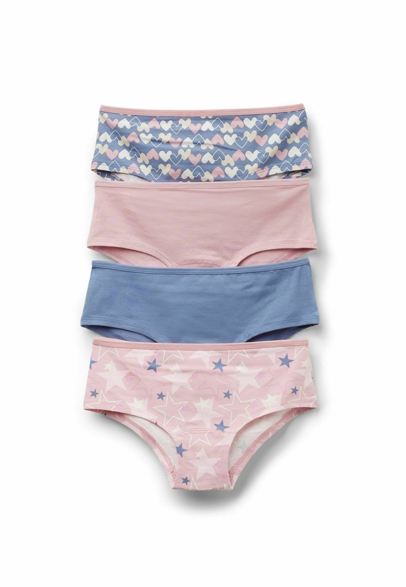 Cuatro braguitas de niña apiladas, con un estampado de corazones azul, rosa sólido, azul sólido y rosa con estrellas sobre fondo blanco.