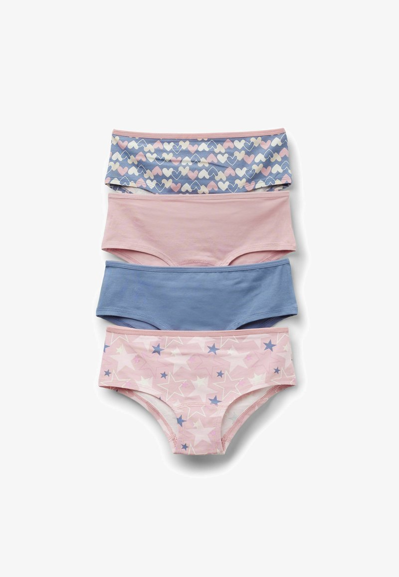 Cuatro braguitas de niña apiladas, con un estampado de corazones azul, rosa sólido, azul sólido y rosa con estrellas sobre fondo blanco.
