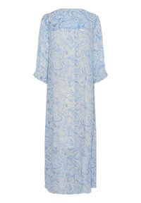 Hele sinine paisley-mustriga kimono, millel on laiad varrukad ja voolav disain. Valmistatud pehmest, kergest materjalist, mis sobib kihiliseks kandmiseks.