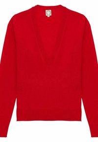 Pull en tricot rouge avec un décolleté en V profond, des manches longues et des poignets et un ourlet côtelés. Texture lisse, étiquette de marque non indiquée au niveau du col.