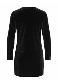 Vestido de terciopelo negro con mangas largas y un escote redondo, que presenta una textura suave y una silueta elegante, diseñado para un ajuste ceñido.