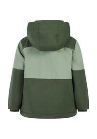 Giacca con cappuccio di colore verde scuro con pannelli orizzontali verde chiaro, dotata di polsini elasticizzati e una texture liscia. La vista posteriore mostra chiaramente il design.