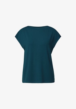 Haut à manches courtes teal en tissu doux avec une coupe décontractée et un col rond. Texture lisse, coutures minimales et ourlet droit.