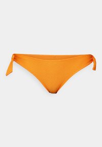 Oranžni bikini spodnji del z strukturiranim, valovitim dizajnom. Ima vezalke na vsaki strani za prilagodljivo prileganje in standardno trikotno obliko.