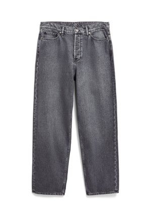 Grijze denim jeans met een losse pasvorm, rechte pijpen en een klassiek vijf-pocket ontwerp. Beschikt over een knoopsluiting en zichtbare stikselaccenten.