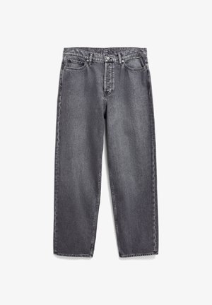 Grijze denim jeans met een losse pasvorm, rechte pijpen en een klassiek vijf-pocket ontwerp. Beschikt over een knoopsluiting en zichtbare stikselaccenten.