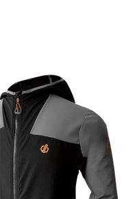 Veste noire et grise avec une fermeture éclair à l'avant, une capuche et des accents orange. Fabriquée en matériau texturé, avec des panneaux d'épaules contrastants et un logo.