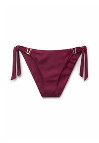 Burgundy bikiniunderdel med knytband på varje sida, med detaljer i guld. Slät textur och klassisk skärning.