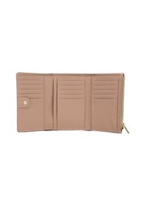 Portafoglio in pelle rosa chiaro con più slot per carte, un compartimento con zip e una chiusura a pulsante a scatto. Texture liscia e cuciture a contrasto.