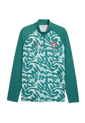 Sports jersey met lange mouwen in teal kleur, witte en teal abstracte patronen, halve ritskraag, Puma-logo en het embleem van het Portugese voetbalteam.