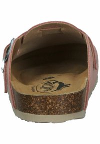 Pink suede sandal with a cork footbed, adjustable metal buckle, open back, and beige sole, featuring an embossed logo inside.