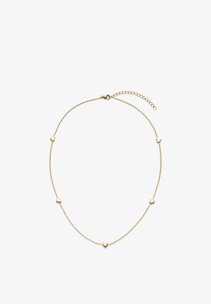Collier couleur or avec une chaîne délicate, comprenant cinq petits accents en forme de cœur répartis uniformément le long de la chaîne. Fermoir réglable.