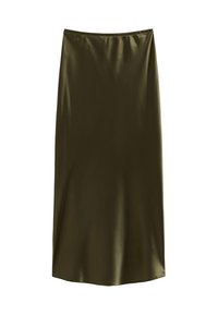 Jupe midi en satin vert olive avec une texture lisse et légèrement brillante, et une silhouette droite.