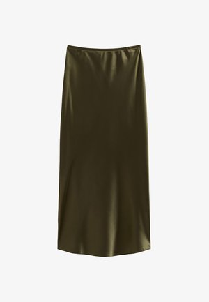 Falda midi de satén color verde oliva con una textura suave y ligeramente brillante, y una silueta recta.