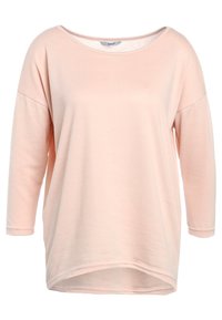 Helles rosa Langarmoberteil mit weitem Ausschnitt, lockerer Passform und abgerundetem Saum. Hergestellt aus weichem Stoff mit sichtbaren Nähten.