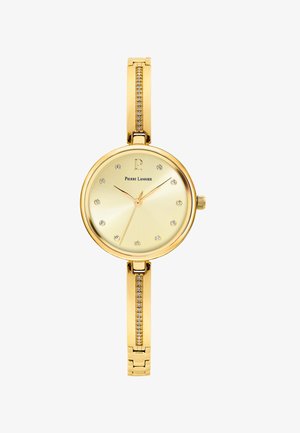 Gold-tone watch with an oval case, a light gold dial, and crystal hour markers. Features a sleek, patterned bracelet with a clasp.