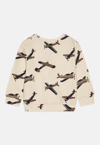 Beige sweatshirt med et heltrykk av vintagefly i brunt og svart. Har ribbede mansjetter og søm, rund hals.