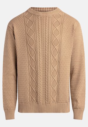 Brede trui in beige met textuurpatronen. Heeft een ronde hals, ribgebreide manchetten en verschillende kabelbrei-ontwerpen over de voorkant.