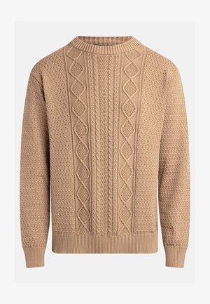 Adīts džemperis bēšā krāsā ar teksturētām zīmējumiem. Tam ir apaļa kakla izgriezums, ribotas piedurknes un dažādas kabelīšu adījumu dizaina formas priekšpusē.