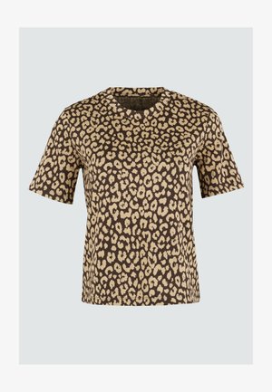 Bruine T-shirt met korte mouwen en een beige luipaardprintpatroon. Ronde hals en een relaxed fit. Zachte, textiele stof.
