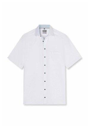 Weißes Kurzarmhemd mit schwarzen Knöpfen, linke Brusttasche und gemustertem innerem Kragen.