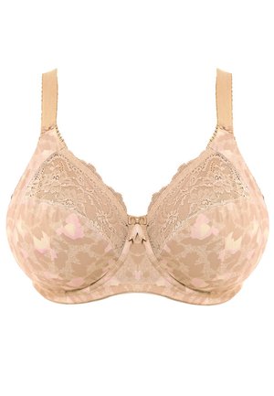Soutien-gorge en dentelle beige avec imprimé floral, doté de bretelles réglables, d'une fermeture à crochet et d'un nœud décoratif au centre. Tissu lisse avec des accents texturés.