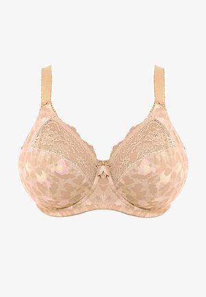 Nackter Spitzen-BH mit floralem Muster, durchsichtiger Spitzentop, verstellbaren Trägern, weichem Stoff und einer dekorativen Schleife an der Vorderseite.