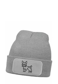 Gray knitted beanie with ribbed texture, featuring an embroidered black outline of a dog on a white patch at the front.