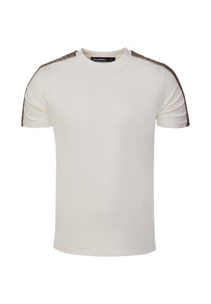 Short-sleeve crew neck t-shirt in cream with textured brown accents on shoulders, featuring a subtle brand logo on the chest.