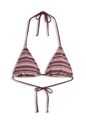 Soutien-gorge de bikini rayé dans des tons de bordeaux et de rose. Comprend des bonnets triangulaires avec des bords volants et des liens réglables au cou et dans le dos.