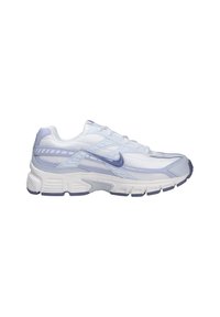 White and light blue athletic sneaker with a thick sole, mesh fabric, and blue Nike swoosh logo on the side.