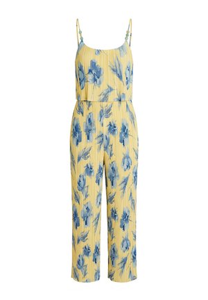 Yellow pleated jumpsuit with blue floral print, thin straps, and wide-leg cropped pants.