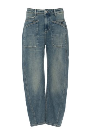 Niebieskie dżinsy z wysokim stanem, o luźnym kroju, wyposażone w duże naszywane kieszenie z przodu oraz zapięcie na guziki w pasie.