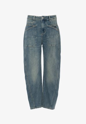 Niebieskie dżinsy z wysokim stanem, o luźnym kroju, wyposażone w duże naszywane kieszenie z przodu oraz zapięcie na guziki w pasie.