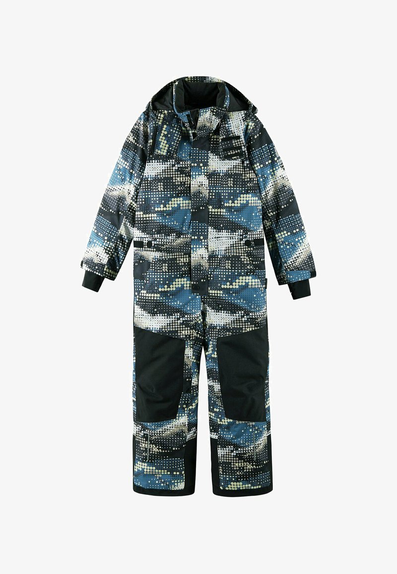 Skianzug in Blau, Schwarz und Weiß, mit einem gepunkteten Muster, gepolstertem Material, einer Kapuze und verstärkten schwarzen Einsätzen an den Unterschenkeln.