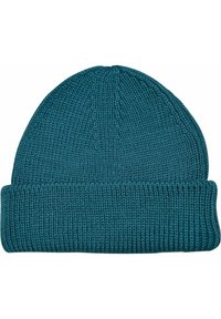 Caciula din lână tricotată în nuanța teal, cu o margine pliată și un model texturat, cu nervuri. Formă generală rotundă cu un finisaj neted.