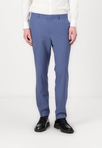 Tailored blue trousers made from fabric with a smooth texture. Features a flat front, side pockets, and a slim fit design.