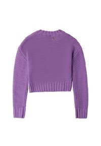 Lila cropped Pullover mit strukturiertem Strickmuster, gerippten Bündchen und Saum sowie rundem Ausschnitt. Einzigartiges Hardware-Detail auf der Rückseite.