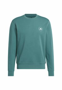 Teal sweatshirt with a crew neck, long sleeves, ribbed cuffs, and hem. Features a small white logo on the chest and a smooth texture.