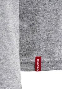 T-shirt grigia, in cotone, maniche corte, orlo curvo, presenta un'etichetta rossa con lettering bianco in basso a sinistra.