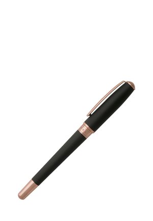 Black textured pen with a brass tip and accents. The clip and band feature a rose gold finish, adding contrast to the sleek design.