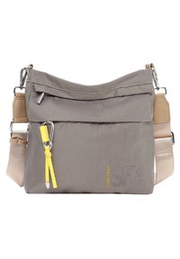 Borsa a tracolla in Tessuto Grigio Testurizzato con Accenti Gialli, Chiusura Con Cerniera, Cinghia Regolabile e Tasca Frontale. Dettagli in Hardware Rinforzati.