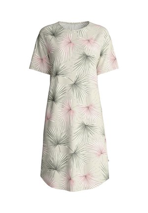 Korte mouwen jurk met een licht beige stof en een patroon van palmbladeren in groen en roze. Ronde halslijn en een ontspannen pasvorm.