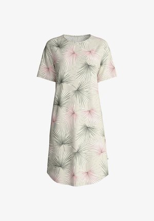 Robe à manches courtes en tissu beige clair avec un motif de feuilles de palmier vertes et roses. Encolure arrondie et coupe détendue.