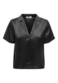 Zwarte satijnen blouse met korte mouwen, knopen aan de voorkant en een geknipt kraagje, maat small.