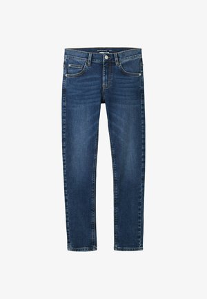 Jeans de mezclilla azul oscuro con un diseño de pierna recta, cinco bolsillos y un ligero desgaste. Cuenta con un cierre de botón y trabillas para el cinturón.