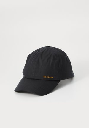Black baseball cap with curved brim and small yellow "Barbour" logo embroidered on front center panel.