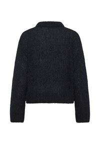 Melns adīts džemperis ar saīsinātu dizainu, platas piedurknes un teksturētu apdari. Aprīkots ar ribotu apkakli un apakšmalu.