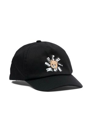 Cappellino da baseball nero con un volto di orso circondato da lettere bianche che formano un motivo circolare sulla pannello frontale.