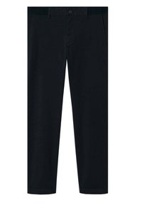 Chinos noirs en mélange de coton doux, avec poches latérales, braguette zippée et passants pour ceinture. Coupe ajustée avec jambe droite.